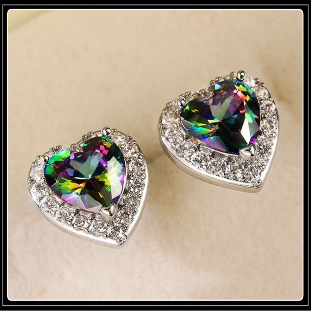 Clearance! NEW WHITE GOLD MYSTIC TOPAZ SIMULATED DIAMOND HALO HEART EARRINGS